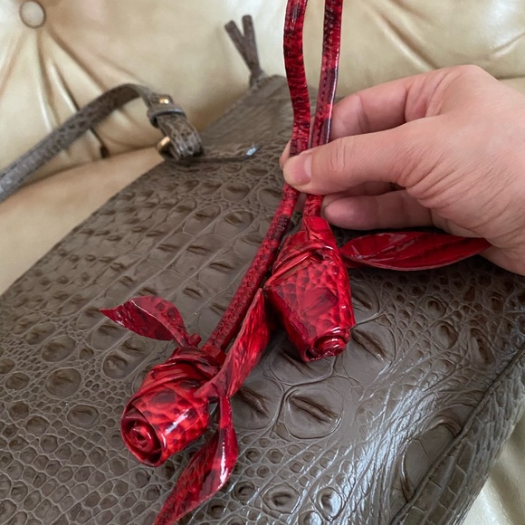 RARE Brahmin Red Lacquer LKNW Glossy Les Roses Double Rose Bag Charm Leather - Picture 6 of 8